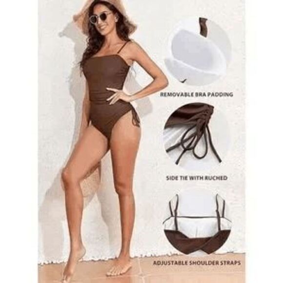Women's Brown Ribbed One Piece Ruched Side Tie Swimsuit Med NWOT - Picture 9 of 9